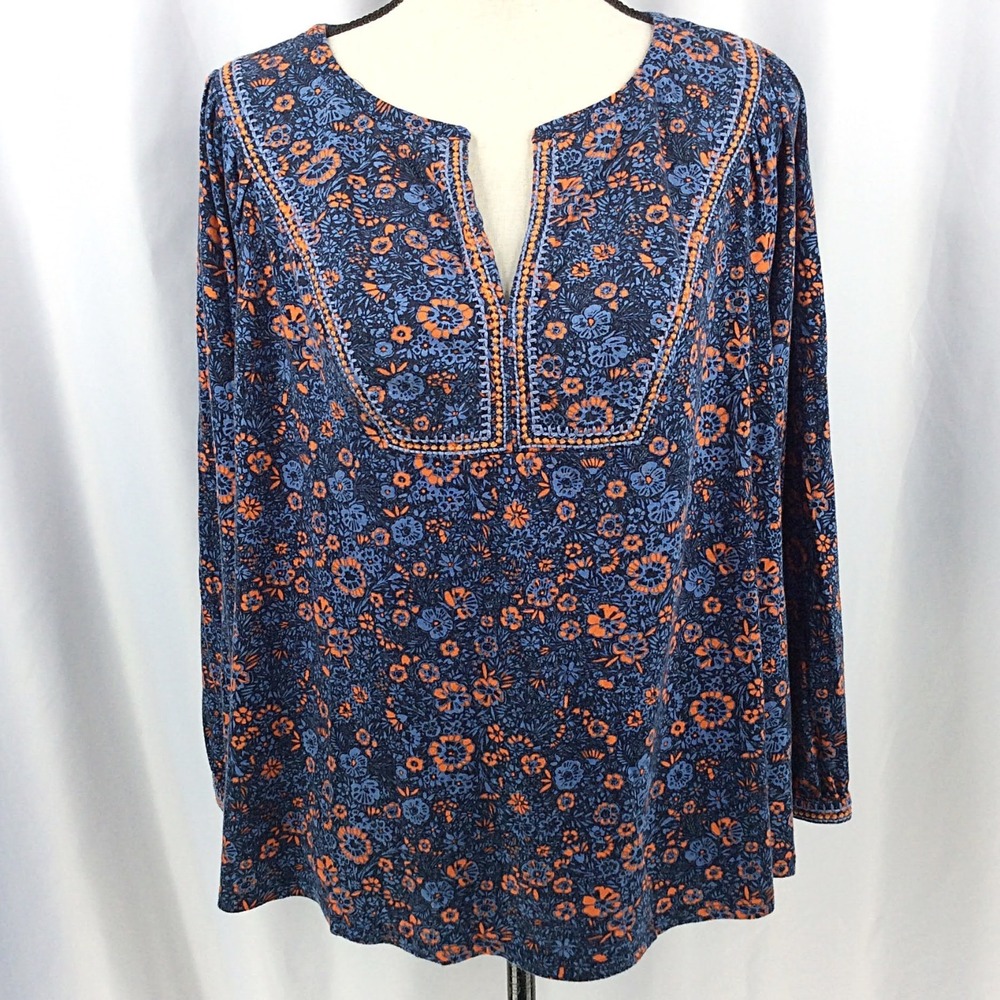 J Jill Floral Peasant Top Womens Plus Size 2X Blue Orange Notch Neck Long Sleeve
